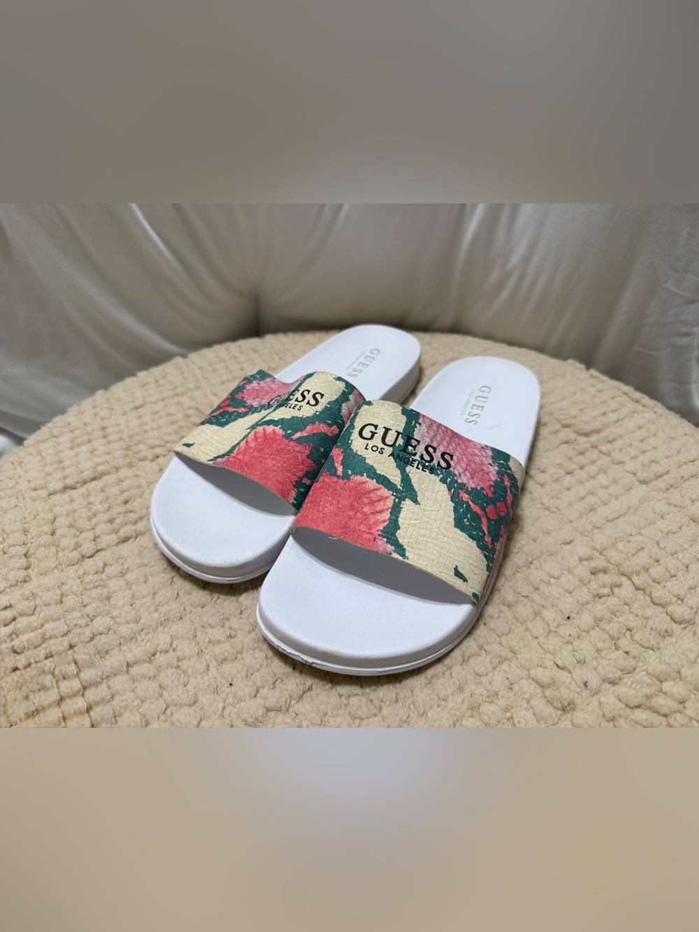 GUESS White Floral Slide Sandals for Women